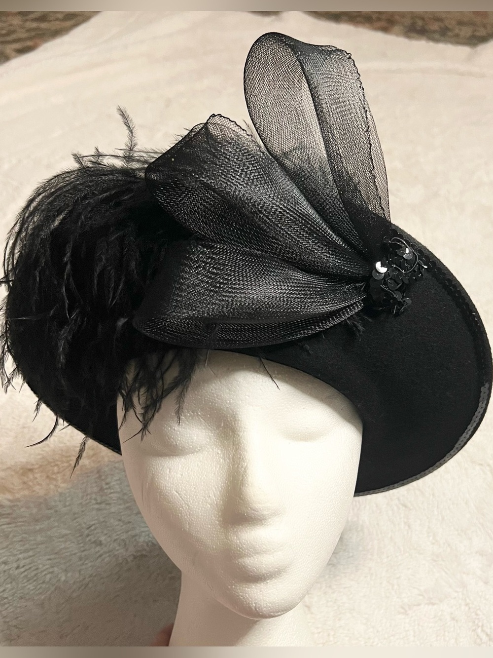 Vintage Black Wool Feathered Organza Fascinator Hat Derby Church Wedding Funeral
